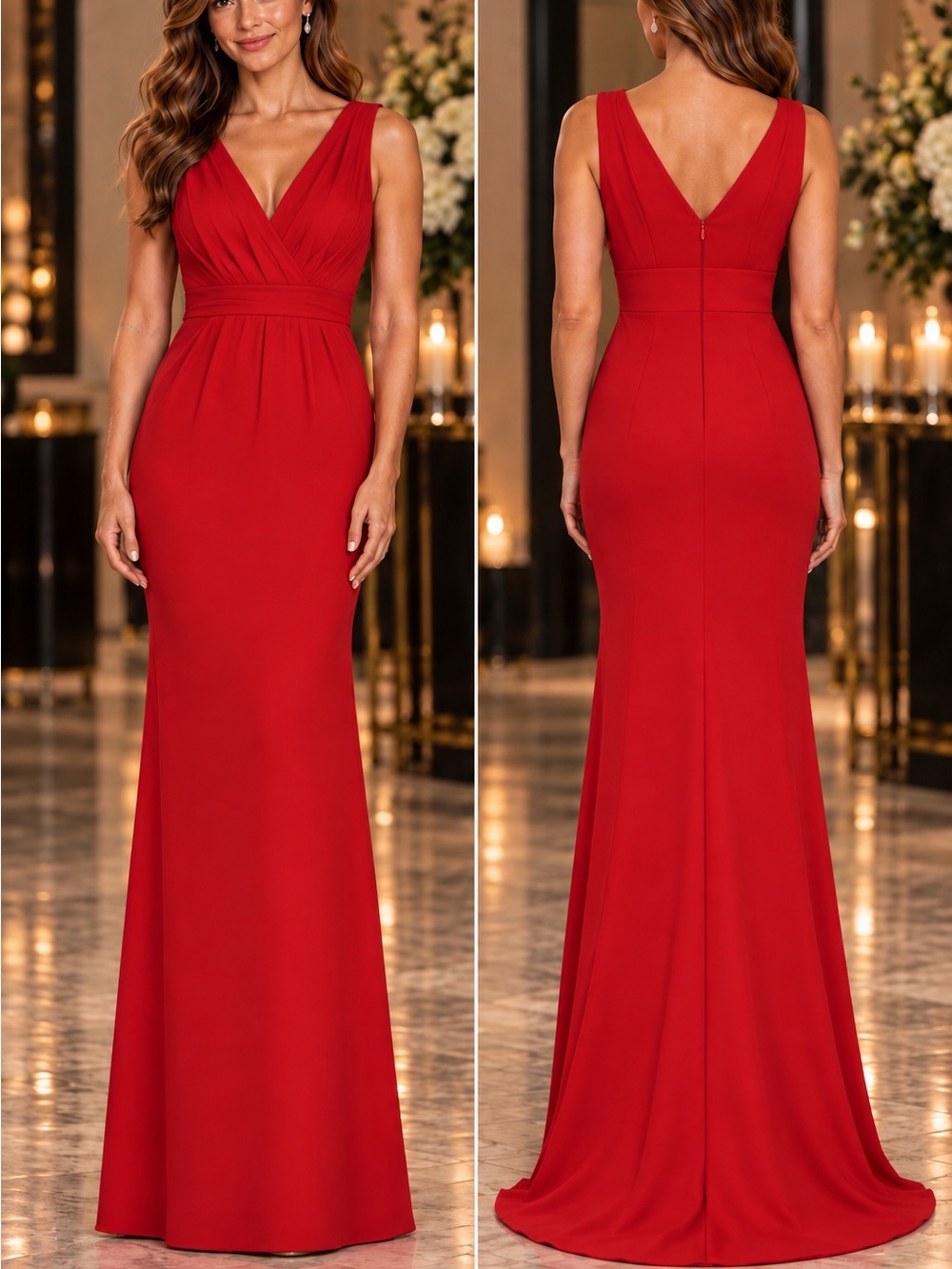 Badgley Mischka Red V-Neck Gown